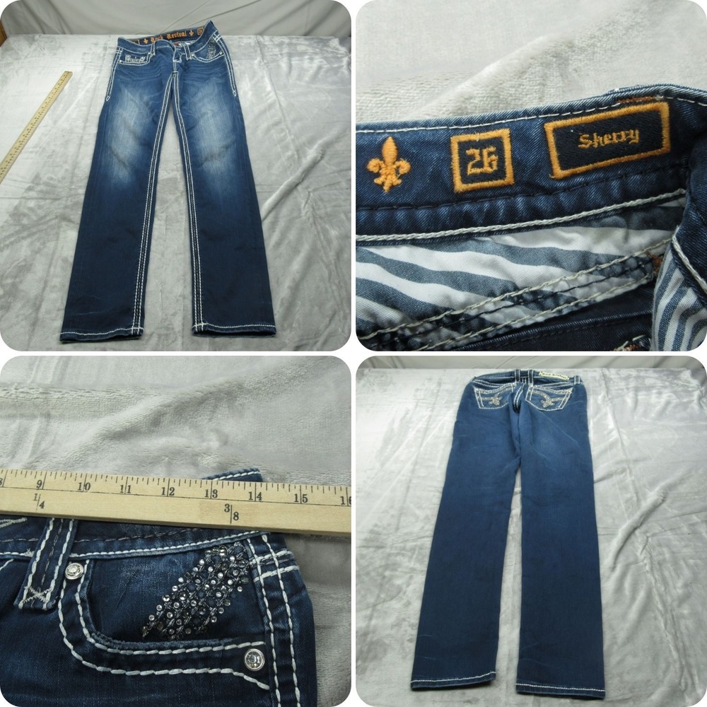 Rock Revival Jeans Women 26 Dark‎ Wash Sherry Skinny Embellished Pockets 28x32